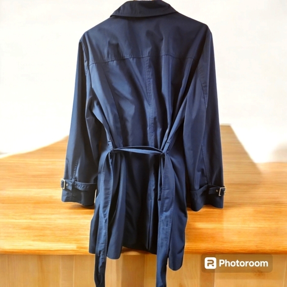 T.M. Lewin Black Trench Coat Asymmetrical Zip Belted Long Sleeve Very Rare S/O - Picture 6 of 12